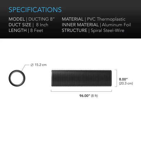 Eight Inch Aluminum Ducting With Four Layer Protection Heavy Duty Flexible Vent Hose showing specifications and dimensions