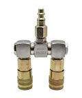 Double Swivel Air Manifold With Two Quarter Inch Steel Industrial Couplers And One Quarter Inch Steel Plug Kit front view