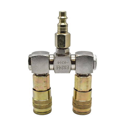 Double Swivel Air Manifold With Two Quarter Inch Steel Industrial Couplers And One Quarter Inch Steel Plug Kit front view