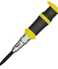 Smooth Operator Automatic Variable Force Center Punch Precision Scribe Tool For Job Site Metal Wood Marking Anti Wander Drill Starter With Rock Solid Spring Action with black and yellow ergonomic handle.