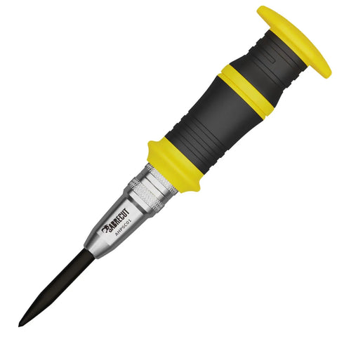 Smooth Operator Automatic Variable Force Center Punch Precision Scribe Tool For Job Site Metal Wood Marking Anti Wander Drill Starter With Rock Solid Spring Action with black and yellow ergonomic handle.