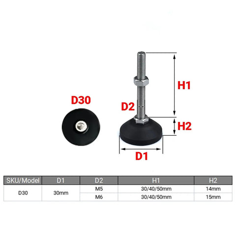 No Sweat Universal Adjustable Leveling Feet 12 Pack Swivel Base M5 M6 Screw Thread Hardcore Workbench Stabilizers with dimensions.