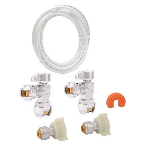 DIY Ready Faucet Connection Kit With Angle Stops And Push To Connect Brass Fittings For PEX Copper CPVC PERT Piping Includes 2 Stop Valves 2 PEX Tubes 2 Swivel Faucet Connectors Chrome Trim Cover And Disconnect Clip