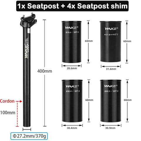 Alloy Bike Seatpost 27.2 X 400mm With Four Size Shim Spacers 28.6 30.4 30.9 31.6 for Mountain Road BMX MTB shown with dimensions