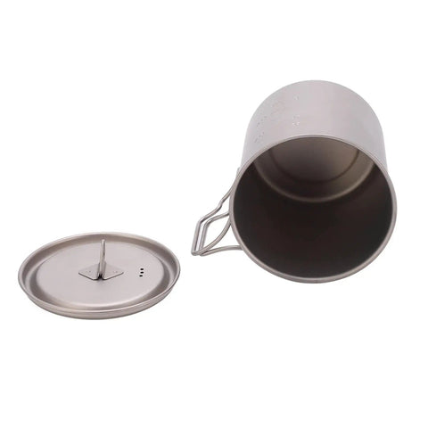 750ml Folding-Handles Outdoor Water Mug For Camping And Hiking, Lightweight Alloy Cup, shown with lid and open for visibility