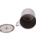 750ml Outdoor Alloy Water Mug With Folding Handles Made For Camping And Hiking Portable Water Cup shown with lid and handles extended