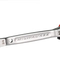 Built Different 5 In 1 Ratcheting Lineman Wrench With Integrated Hammer Cushion Grip, Heavy Duty Steel Frame 9 16 3 4 Inch Twelve Point Sockets, Rock Solid Electrical Tool Crafted Zero Fluff For Quick Utility Repairs Always On Demand. Silver steel wrench with red accents and multiple socket sizes.