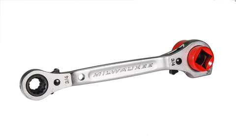 Built Different 5 In 1 Ratcheting Lineman Wrench With Integrated Hammer Cushion Grip, Heavy Duty Steel Frame 9 16 3 4 Inch Twelve Point Sockets, Rock Solid Electrical Tool Crafted Zero Fluff For Quick Utility Repairs Always On Demand. Silver steel wrench with red accents and multiple socket sizes.