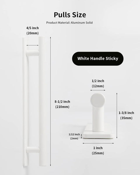 Two Pack Stick On Cabinet Handles White Self Adhesive Drawer Pulls Closet Doors For Kitchen Sliding Glass And Shower Doors No Drilling Easy Install Eight And A Half Inch Long One Inch Wide with size dimensions.