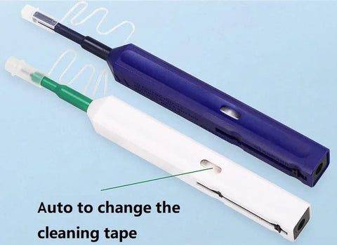 Two fiber optic cleaner pens (blue and white) for cleaning connector tips, front view.