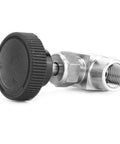 Side view of stainless steel needle valve with black knurled handwheel; 1/4" NPT female x 1/4" NPT female.