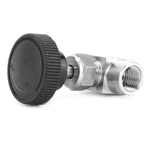 Side view of stainless steel needle valve with black knurled handwheel; 1/4" NPT female x 1/4" NPT female.