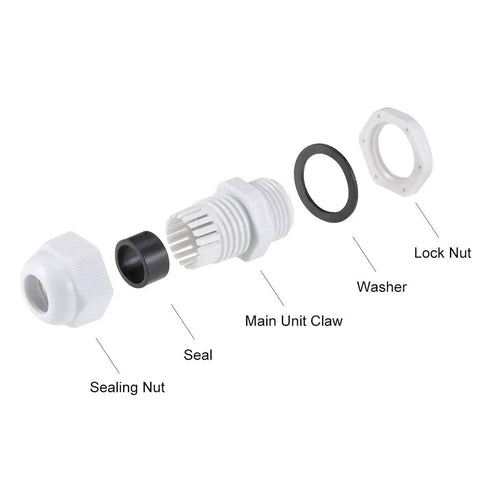 Exploded view of Waterproof Tough As Nails M18x1.5 Cable Gland Nylon Joint with washer and locknut for 5mm to 10mm wire hole, white.