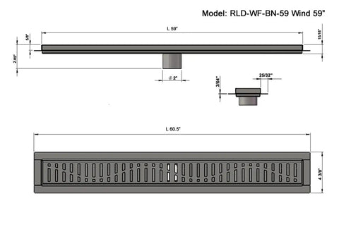 Fifty Nine Inch Brushed Nickel Linear Shower Drain Kit Crafted From Tough As Nails 304 Stainless Steel drain dimensions and details