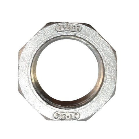Top view of 1-1/4 Inch Male To 1 Inch Female NPT Reducer Bushing Pipe Fitting Stainless Steel 304 Adapter with visible threading