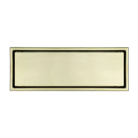 Top Shelf 304 Stainless Steel Linear Floor Drain Brushed Gold Tile Insert for Bathroom Shower with Removable Hair Catcher Anti Odor Heavy Duty Rectangle Surface Drain viewed from top with solid surface.