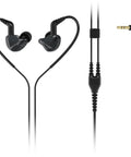 Black in-ear headphones with curved earpieces and 3.5mm audio jack.