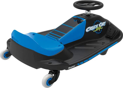 Black and blue Crazy Cart Shift Electric Go Kart for Kids Ages 6 and Up 12V Drifting System with 1 to 1 Steering, side view