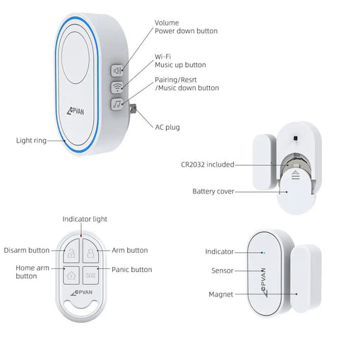 Smart Door Chime And Window Alarm Sensor With App Alerts, Remote Control, WiFi Base Station, indicators and buttons shown