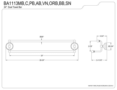 Technical diagram of 24 Inch Dual Towel Bar In Matte Black Finish With Brass Construction Victorian Style Wall Mount Bathroom Hardware