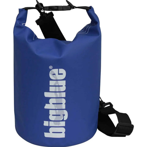 Blue waterproof dry bag with brand logo and adjustable shoulder strap, designed for water sports and outdoor activities.