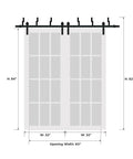 Illustration of Double Sliding Lite Panel Barn Bypass Doors 64 By 84 Inch With Six Foot Steel Rails, white finish, frosted glass