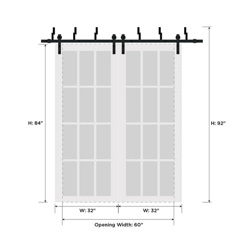 Illustration of Double Sliding Lite Panel Barn Bypass Doors 64 By 84 Inch With Six Foot Steel Rails, white finish, frosted glass