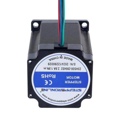 Front view of STEPPERONLINE Nema 23 stepper motor, 1.9Nm torque, 2.8A, 8mm shaft, 57x57x76mm, 4-wire bipolar
