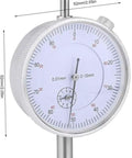 Front view of Metric Dial Indicator 0-10mm with 0.01mm Precision, Heavy Duty Metal Gauge with Easy to Read Dial and High Sensitivity.