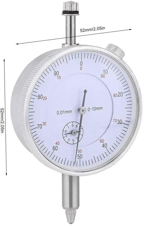 Front view of Metric Dial Indicator 0-10mm with 0.01mm Precision, Heavy Duty Metal Gauge with Easy to Read Dial and High Sensitivity.