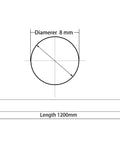 Two 8mm by 1200mm Linear Motion Rods With Chrome Plated Rails For 3D Printer CNC DIY Builds, Top Notch Toughness And Precision, HRC55 62 Hardened Steel, Ultra Straightness Under 0.1mm Per Meter, Metric h8 Tolerance, dimension drawing