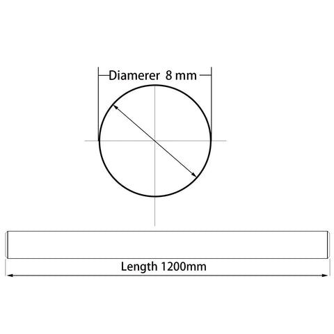 Two 8mm by 1200mm Linear Motion Rods With Chrome Plated Rails For 3D Printer CNC DIY Builds, Top Notch Toughness And Precision, HRC55 62 Hardened Steel, Ultra Straightness Under 0.1mm Per Meter, Metric h8 Tolerance, dimension drawing