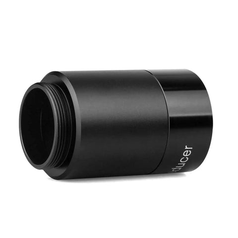 1.25 Inch 0.5x Focal Reducer For Telescope With C Mount Adapter To CCD Camera, black cylindrical design, side view.