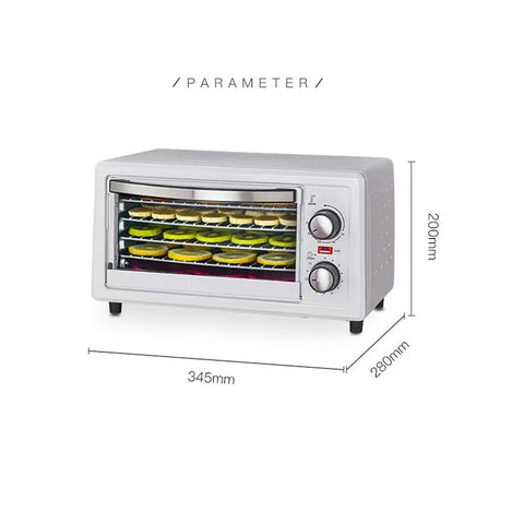Built Tough Five Layer Food Dehydrator With Sleek Digital Temp And Timer Controls showing dried fruits through frosted glass front.