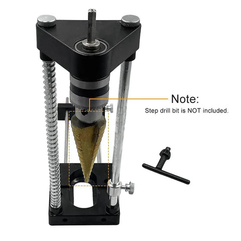 Woodworking Drill Guide Kit Adjustable Locator With Hole Puncher Positioner displayed without drill bit included.
