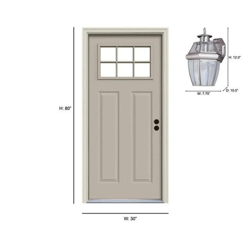 Lancaster One Light Outdoor Wall Lantern In Antique Brushed Nickel Finish For Wet Locations next to a beige paneled door.