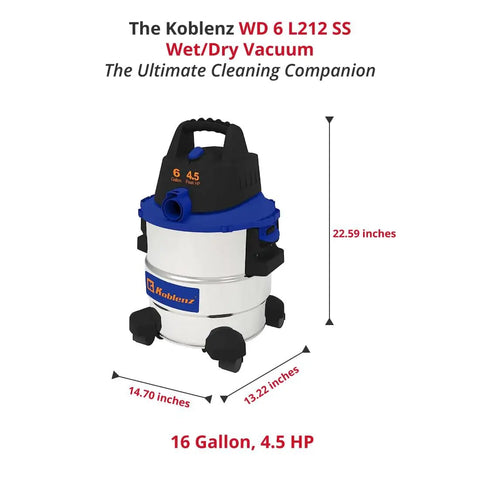 Wet-Dry Vacuum Cleaner With 6-Gallon Tank, 4.5 Peak HP Motor, Stainless and Blue finish, lightweight design with blower accessory kit
