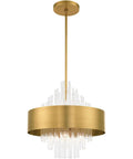 Absolute Flex Eight Light Natural Brass Pendant Chandelier With Sculpted Drum Shade And Dazzling Clear Crystal Rods For Upscale Living Areas That Turn Heads On A Dime hung from the ceiling