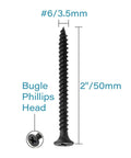 Tough As Nails Six X Two Inch Drywall Screws Featuring Slick Black Phosphate Coating And Flawless Bugle Heads For Metal Studs Anchoring And Drywall Patching Fifty Pack Phillips Fasteners close-up showing dimensions and head type.