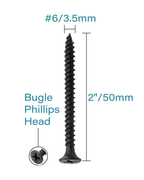Tough As Nails Six X Two Inch Drywall Screws Featuring Slick Black Phosphate Coating And Flawless Bugle Heads For Metal Studs Anchoring And Drywall Patching Fifty Pack Phillips Fasteners close-up showing dimensions and head type.