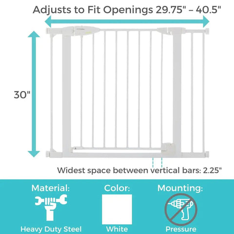 36 Inch Tall Auto Close Baby Gate With Door For Doorways Pressure Mounted Fits 29.75 To 40.5 Inch Openings White Swing Gate That Opens In Either Direction Easy One Hand Operation Kid Safe And Secure. Image of white baby gate with dimensions.