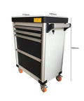 Heavy Duty Steel Tool Trolley Featuring Four Lockable Drawers Rolling Workshop Chest And Mobile Garage Storage Cart With Ergonomic Build Rust Proof Finish Kick Ass Diy Organization Smooth Gliding Wheels, side view with dimensions.