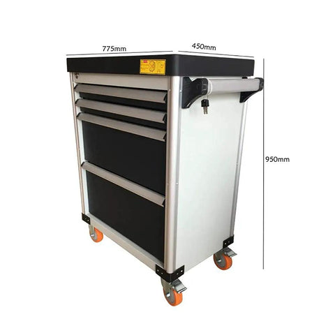 Heavy Duty Steel Tool Trolley Featuring Four Lockable Drawers Rolling Workshop Chest And Mobile Garage Storage Cart With Ergonomic Build Rust Proof Finish Kick Ass Diy Organization Smooth Gliding Wheels, side view with dimensions.