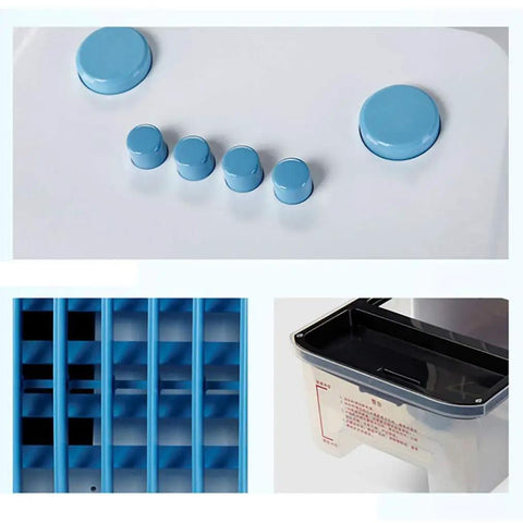 Control panel details and water tank of the Compact Evaporative Air Cooler with honeycomb filters and timer.