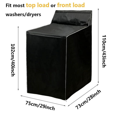 Washer and dryer cover, black fabric with zipper, dustproof and waterproof, fits top-load or front-load machines.