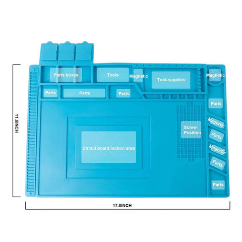 Heat Resistant Soldering Mat 932 Degrees Fahrenheit Large Anti Static Magnetic Work Surface With Screw Position Silicone Soldering Pad For Soldering Station Workbench Computer And Phone Repair 17.8 By 11.8 Inches with parts layout and magnetic sections visible.