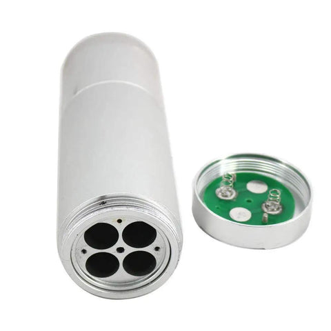 Portable Pro Grade Handheld Vibration Calibrator For Accelerometers And Vibration Monitoring Systems, 159.2 Hz RMS Vibration Check, Verifies Recording Gear, VMC606 Model, Supports Up To 150 G. silver cylindrical handheld calibrator with open battery cap