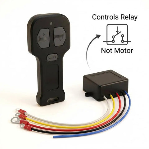 Wireless Winch Remote Kit For 12V DC Trucks, ATVs, And SUVs showing control with relay, including dual manual transmitters and wires