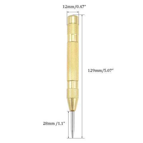 No Sweat Automatic Center Punch Four Piece Kit with brass body, 129mm size, marking tool for pilot holes in wood and glass.