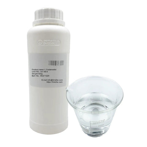 1,3-Butanediol Cosmetic Humectant For Skincare Not Greasy Lightweight Hydration Booster Base 500g 17.6oz CAS 107-88-0 bottle and liquid cup